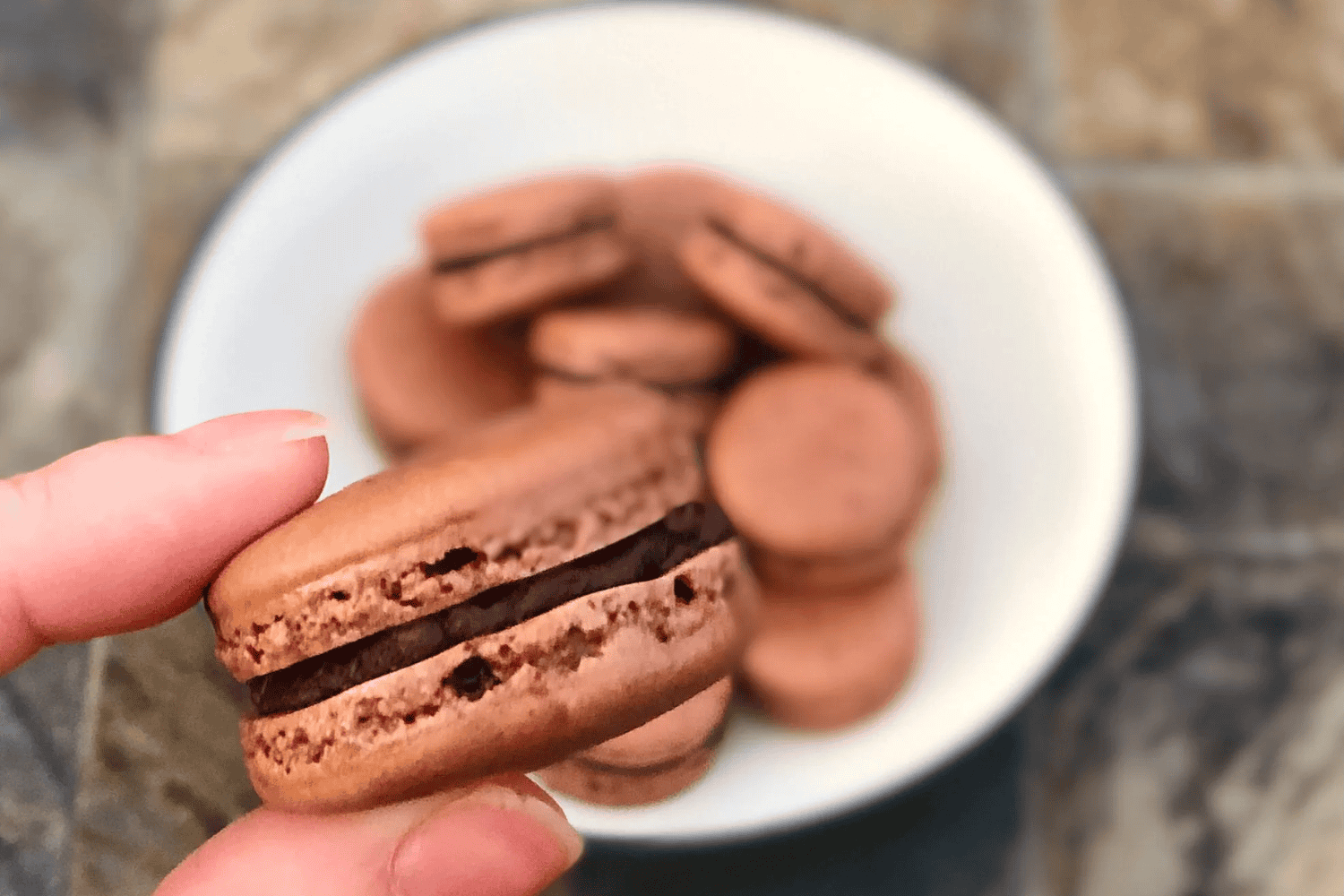 a hand holding a dark chocolate French macaron.